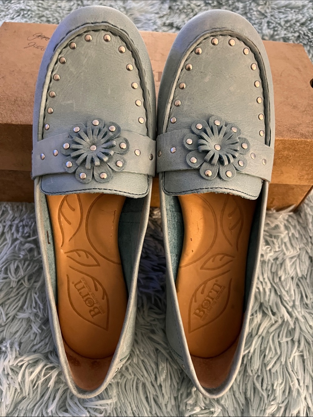 Born Light Blue Suede Leather  Slip-On Loafers with Floral Stud Detail 8.5 M/W